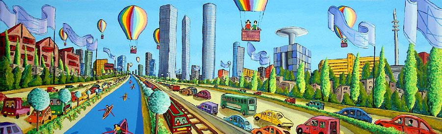 נתיבי איילון נחל האיילון עם מים זורמים סירות שטות גורדי שחקים ציור תל אביב רפי פרץ