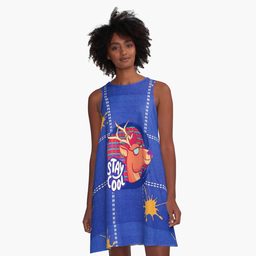 Colorful deer - blue - stripes A-Line Dress
