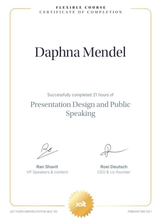 סיום קורס Presentation design and public speaking
