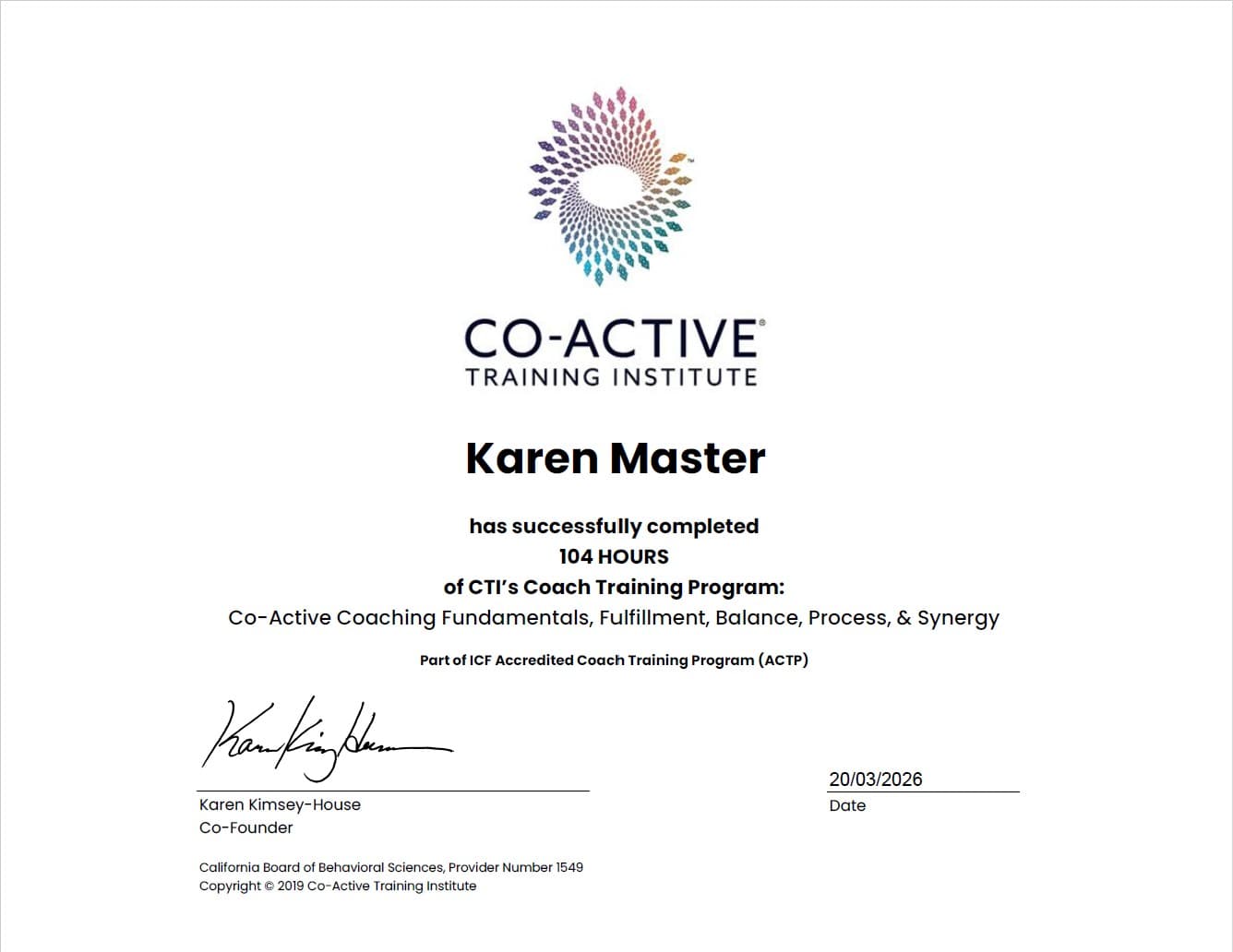 תעודת הסמכה – אימון קו-אקטיבי (Co-Active Coaching), CTI