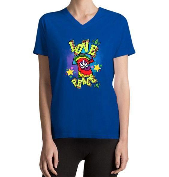 חולצת נשים מריחואנה דאי טאי Love and Peace - חולצה לאישה דגם צווארון V