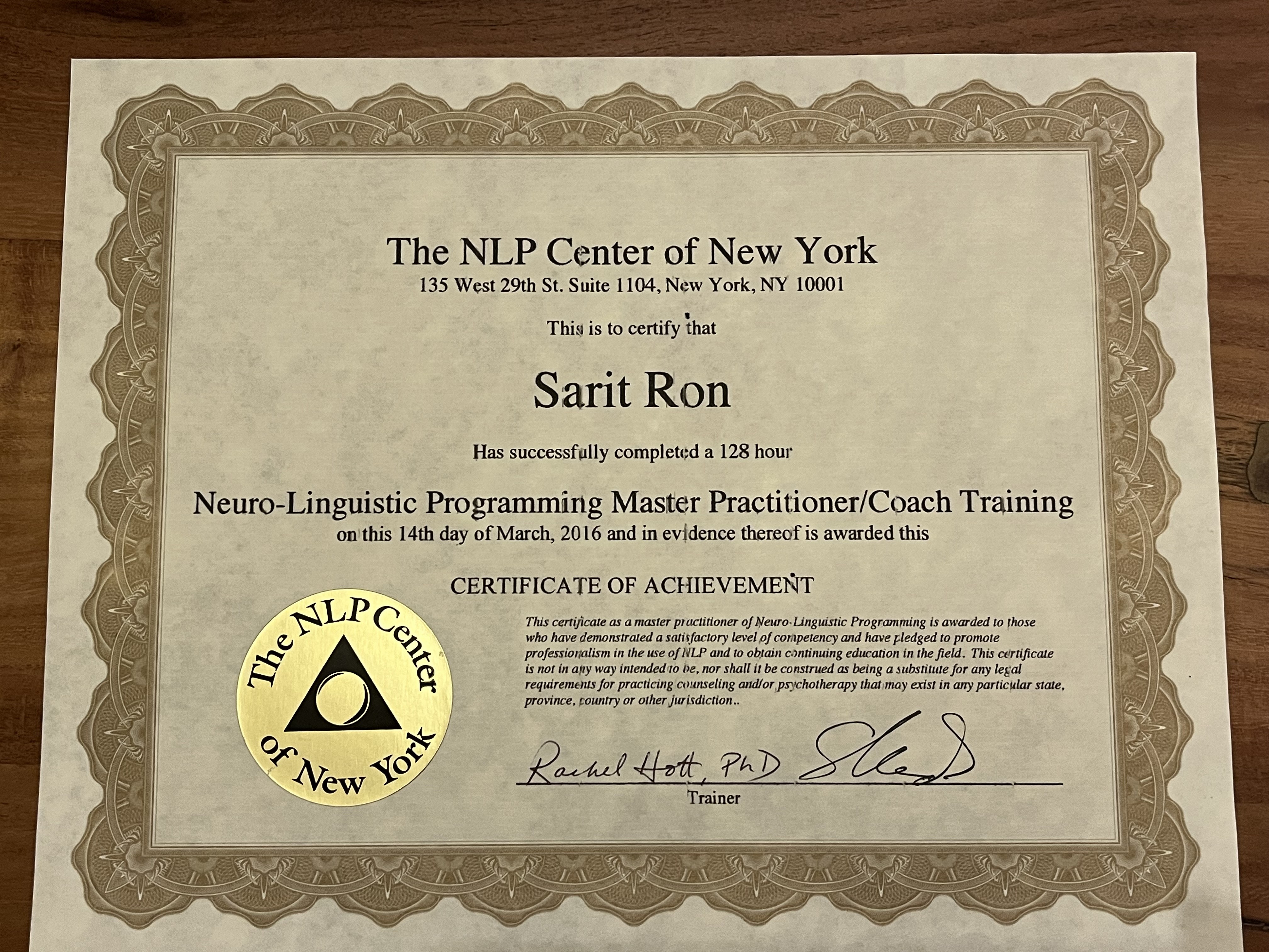שרית רון מאמנת  NLP לטיפול בחרדה, דכאון, עומס רגשי צמתי חיים ומעברים - תעודות 3
