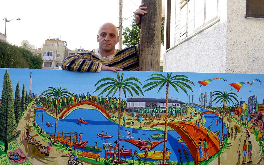 ציורי נופי תל אביב אמנות נאיבית ישראלית עכשווית נחל ירקון גשרים גשר רפי פרץ ציור נוף פארק הירקון