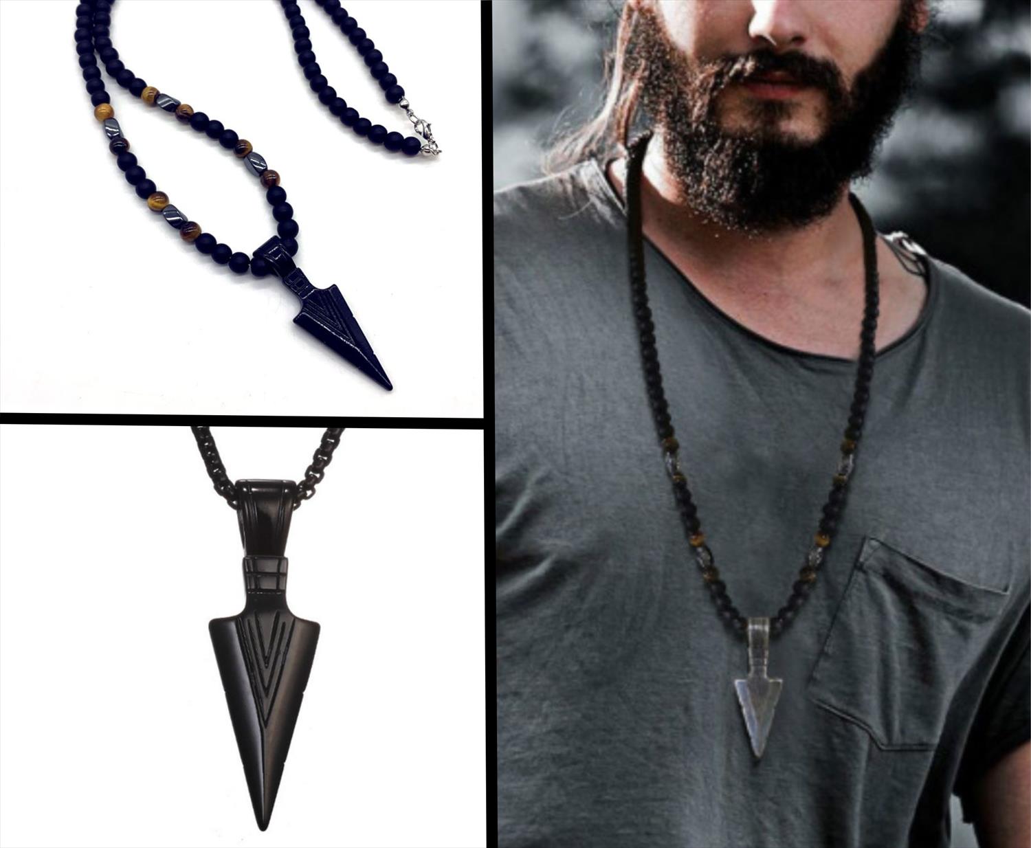 שרשרת חרוזים לגברים עם תליון חץ קלאסי, שרשרת חץ לגבר, שרשראות לגברים, תכשיטי גברים, תכשיטים לגבר