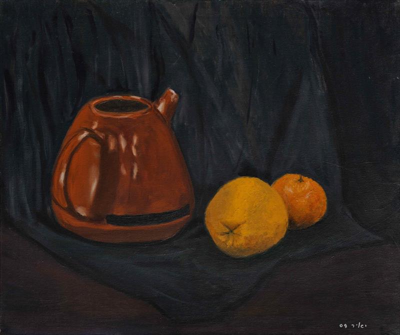 Still life of two oranges and brown ceramic kettle on black linen oil on canvas w60xh50 cm