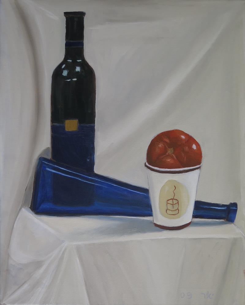 Still life of bottles ana tomatoOil on canvas w40xh60cm