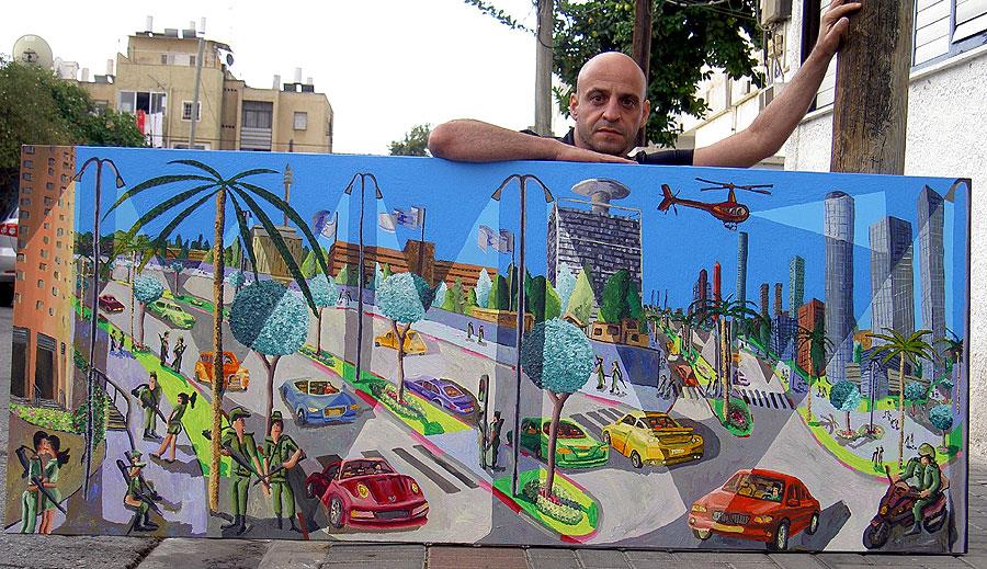 מאפייני ציורי נוף עירוני אורבני של בניינים רחובות תהליך עבורה ציור נאיבי רפי פרץ