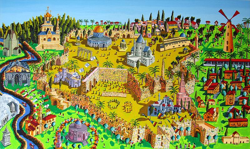 ציור ירושלים העיר העתיקה כנסיות מפורסמות בעיר כנסיית הדמעה דורמציון הקבר משכנות שאננים רפי פרץ