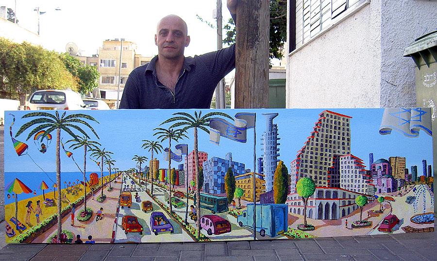 ציורי נופי תל אביב אמנות ישראלית רפי פרץ ציור הטיילת טיילת בתל-אביב יפו בתי מלון ישרוטל האופרה