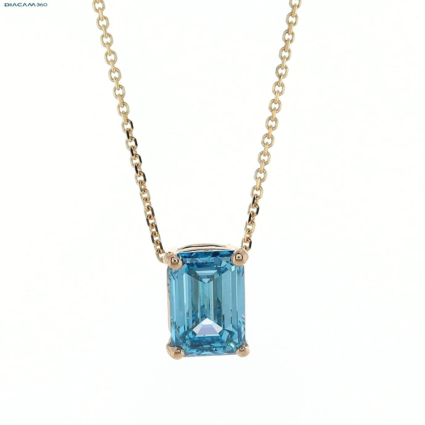 שרשרת תליון זהב צהוב משובץ יהלום אמרלד כחול. Blue emerald cut diamond pendant and necklace