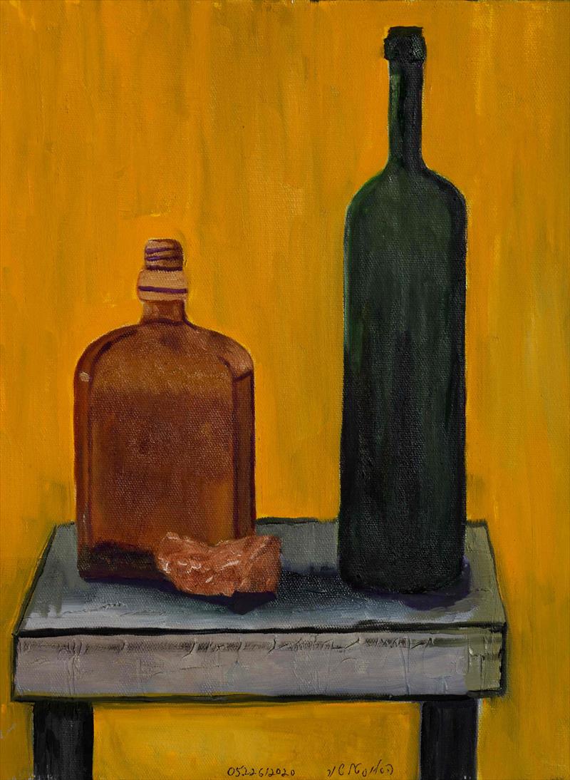 Still life of two bottles and stone on a stool oil on canvas w30xh40 cm