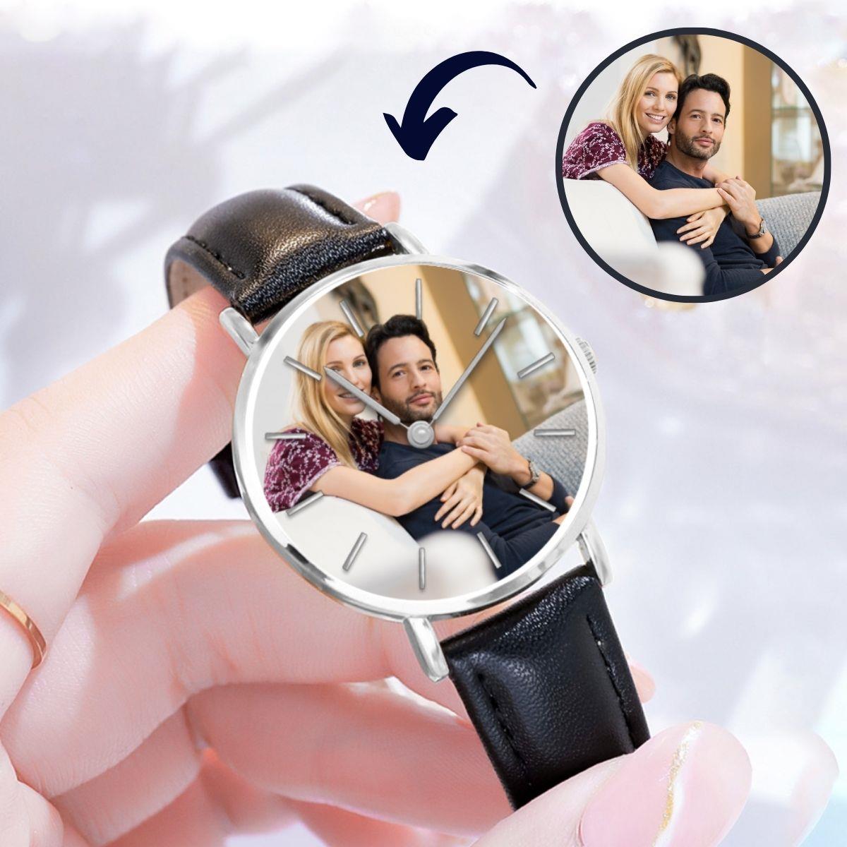 שעון עם תמונה לנשים בצבע מחוגים זהב או כסף שעוני קוורץ