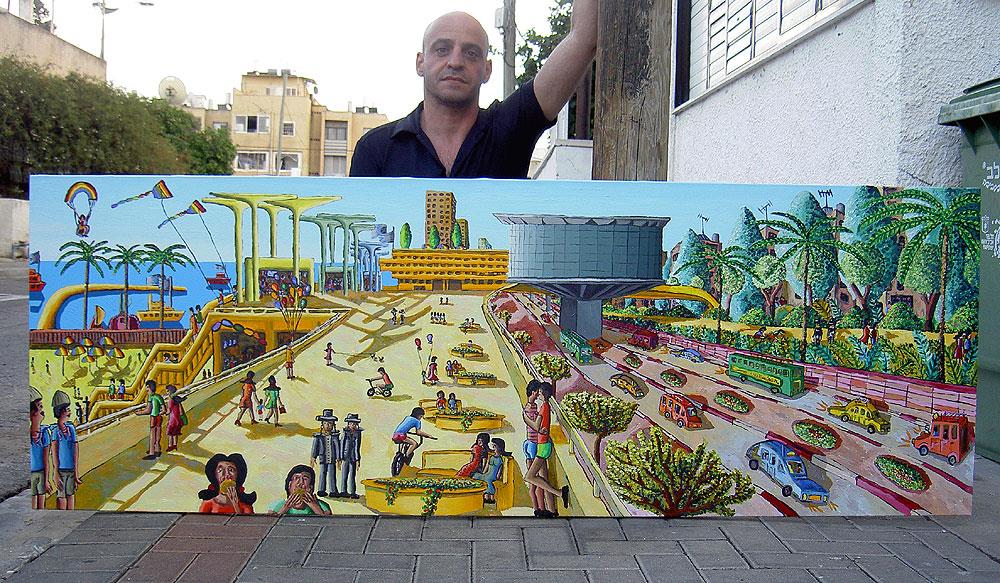 ציורי נופי תל אביב היוצרים האמנים הישראלים העכשוויים רפי פרץ ציור נוף אורבני נאיבי ישראלי