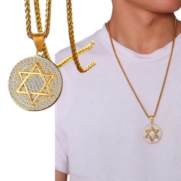 שרשרת מגן דוד מפלדת אל חלד וזרקונים - שרשרת מגן דוד - שרשראות מגן דוד - שרשרת מגן דוד לגבר - תכשיטים