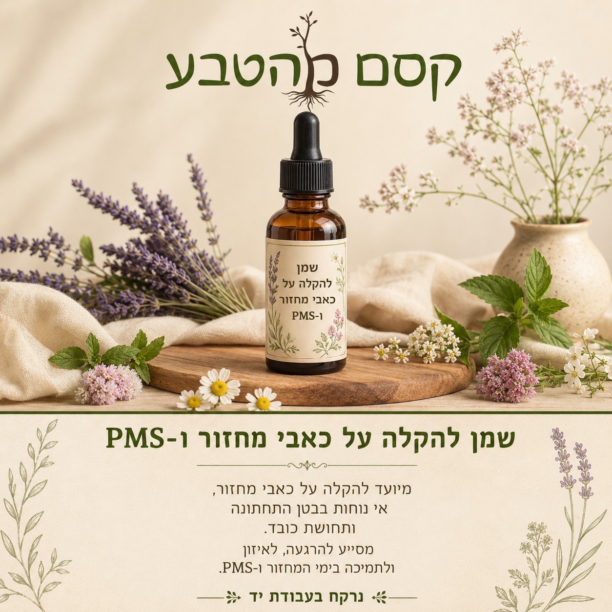 תערובת שמנים להקלה על כאבי מחזור וPMS- רוקחות טבעית בעבודת יד