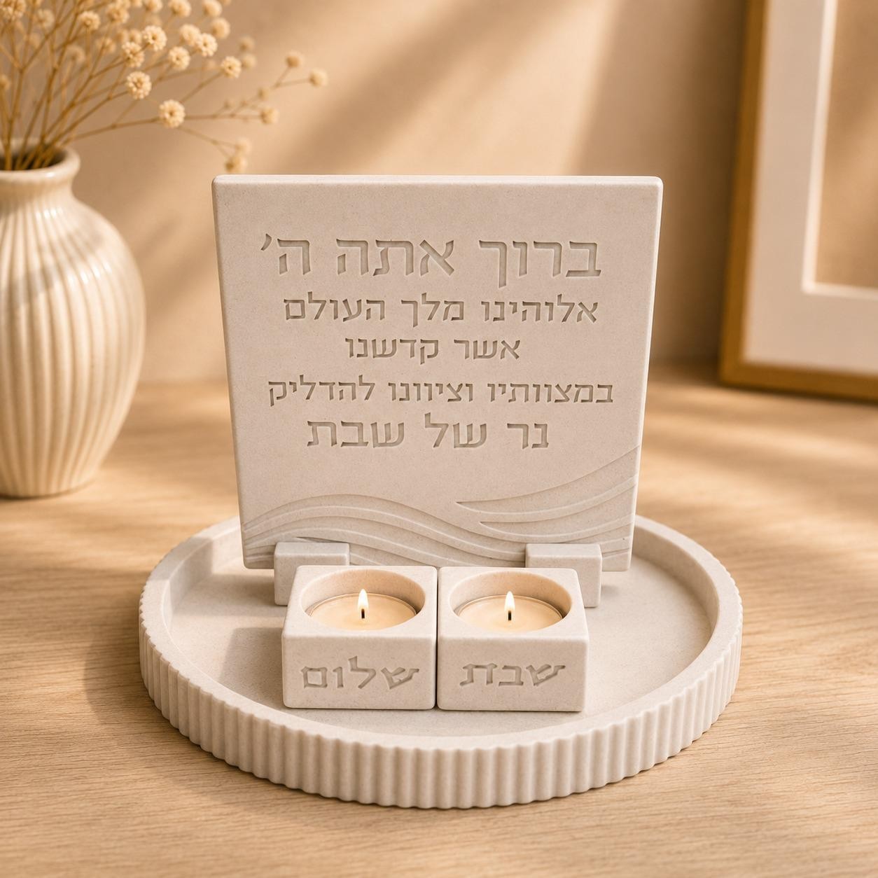סט מגש עם פמוטים וברכה להדלקת נרות