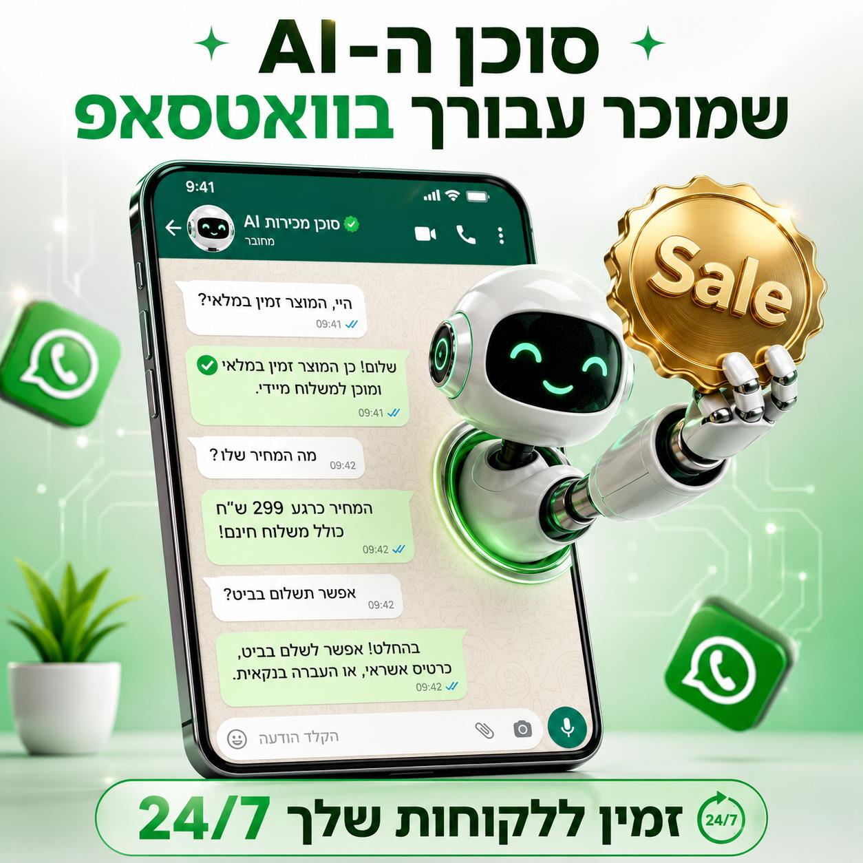סוכן מכירות ושירות אוטומטי בוואטסאפ (AI Chatbot)