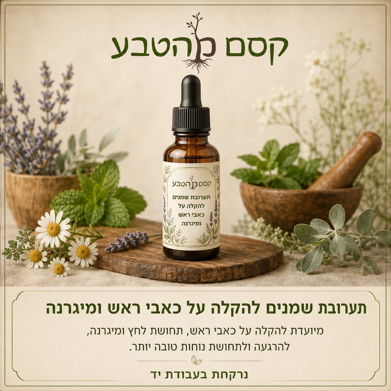 תערובת שמנים להקלה על כאבי ראש ומיגרנה- רוקחות טבעית בעבודת יד