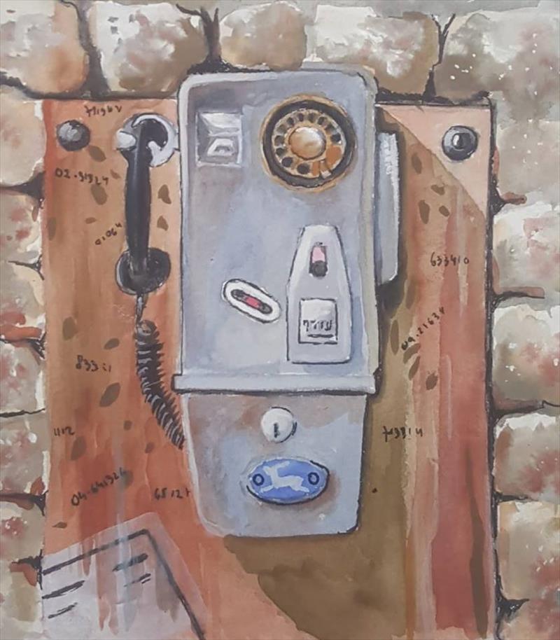 יחיאל וייס צייר טלפון ציבורי אקוורל Yechiel Weiss painted a public telephone watercolor