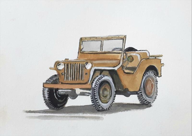 יחיאל וייס צייר ג'יפ אקוורל Yehiel Weiss painted a watercolor jeep
