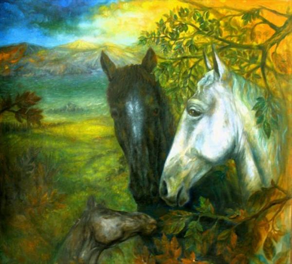 Horses oil on wood