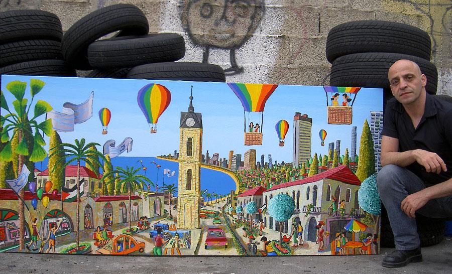 ציורי נופי תל אביב יפו כיכר השעון מגדל כדורים פורחים כדור פורח רפי פרץ ציור נוף אורבני נאיבי ישראלי