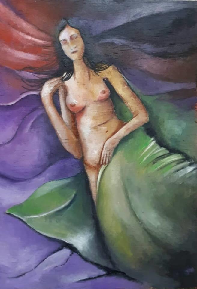 יחיאל וייס אישה על סדין סגול Yechiel Weiss is a woman on a purple sheet
