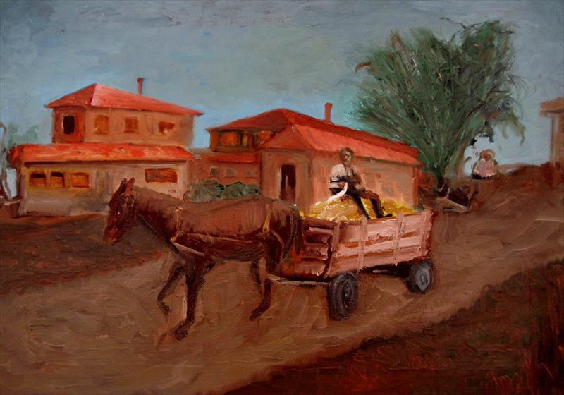 Bulgarian wagon filed to the brim with oranges oil on canvas w70xh50 cm