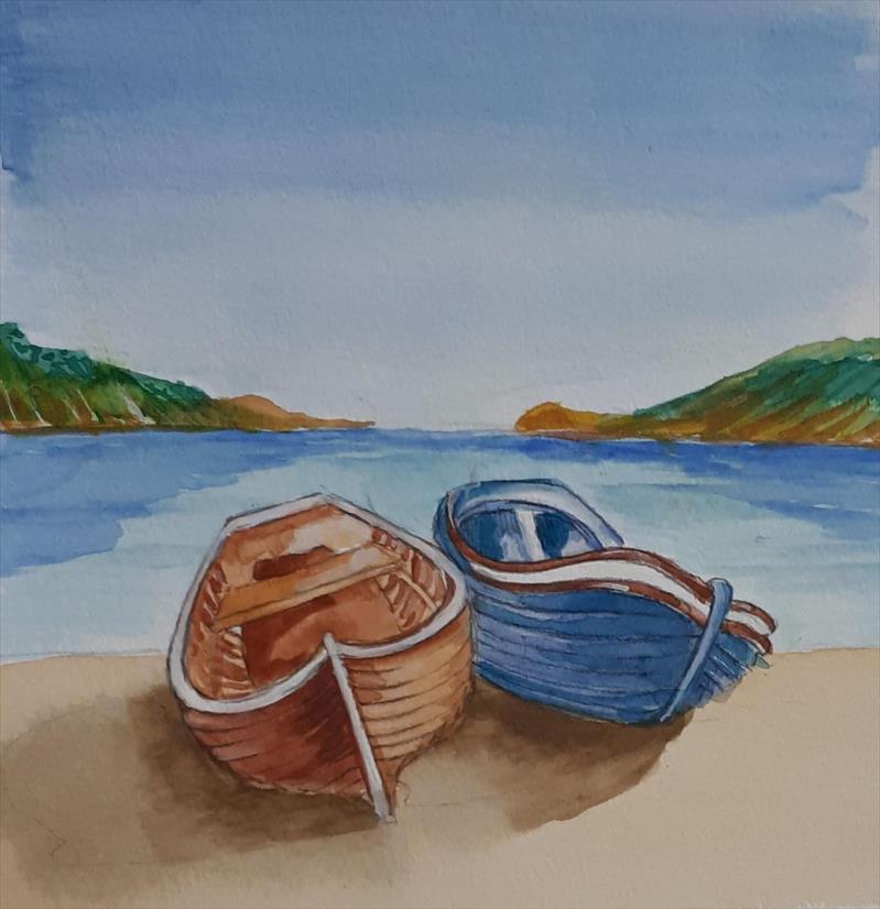 יחיאל וייס צייר סירות על החוף אקוורל Yehiel Weiss painted boats on the waterfront