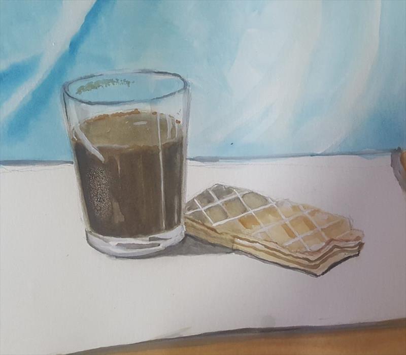 יחיאל וייס צייר כוס קפה וופל אקוורל Yehiel Weiss painted a cup of waffle watercolor coffee