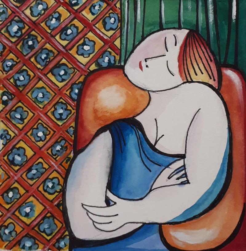 יחיאל וייס צייר אישה על כורסא אקוורל Yechiel Weiss painted a woman on an aquarelle chair